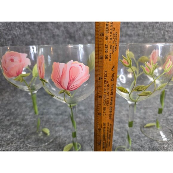 Set of 4 Hand-Painted Floral Wine Glasses Pink Flower Elegant Stemware 8.25" - Picture 2 of 7